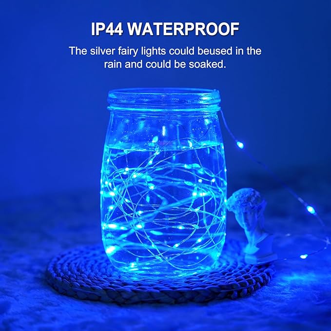 JMEXSUSS 4 Pack 50 LED Fairy Lights Battery Operated Silver Wire 16.1ft Waterproof Blue Christmas Lights for Party Wedding Indoor Outdoor Decorations
