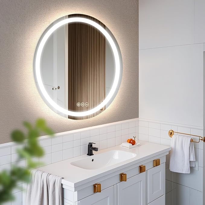 Wall-Mounted LED Round Bathroom Mirror, Makeup Mirror (24 inches x 24 inches,) 3 Color Stepless Dimmable Memory Bathroom Vanity Mirror with Lights CRI90+ 3000-6400K Smart Mirror with Touch