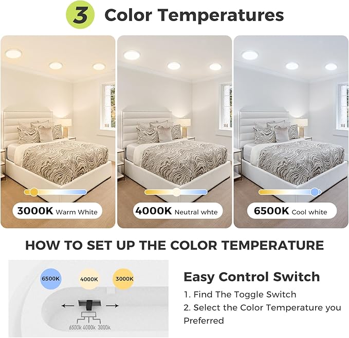 6PACK Flush Mount LED Ceiling Light Fixture - White, 6.5Inch 12Watt, Dimmable & 3000K-4000K-6500K 3 Color Selectable Ceiling Lamp - 1200LM Low Profile Light for Kitchen, Bedroom, Hallway, Porch
