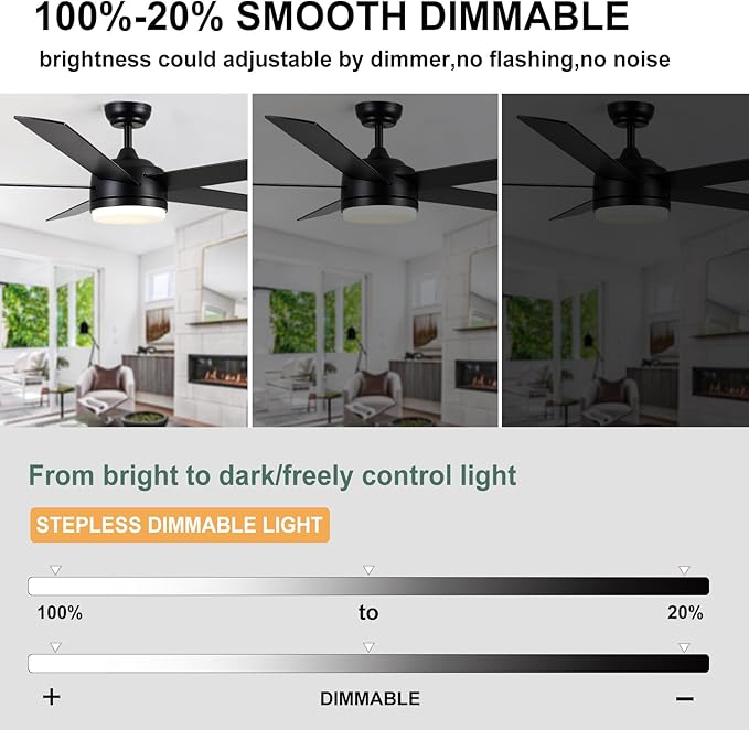 YUHAO 60 Inch Black Ceiling Fan with Light and Remote Control.Noiseless,Dimmable,3CCT,6 Speeds Reversible, DC Ceiling Fans for Indoor or Covered Outdoor