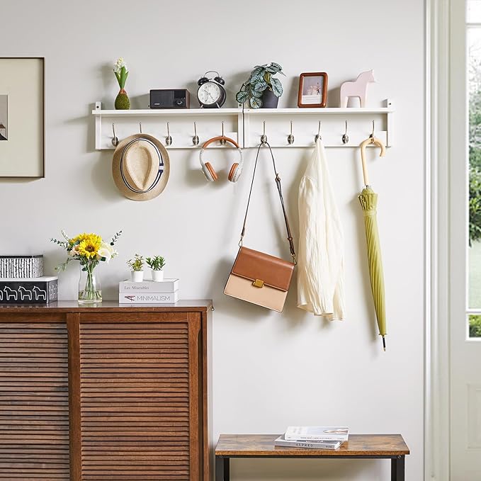 YMYNY Coat Rack Shelf Wall Mounted, Coat Hooks Set of 2, Entryway Coat Hanger with 10 Hooks, 47.2" Wall Floating Shelf with Hat Rack, for Kitchen, Bedroom, Bathroom, White HWS004W-2