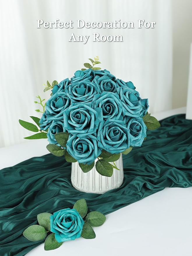MACTING Artificial Rose Flowers 30PCS Real Touch Fake Flowers with Stem Peacock Green Foam Roses for DIY Wedding Bouquets Table Centerpieces Floral Arrangements Party Home Spring Mothers Day Decor