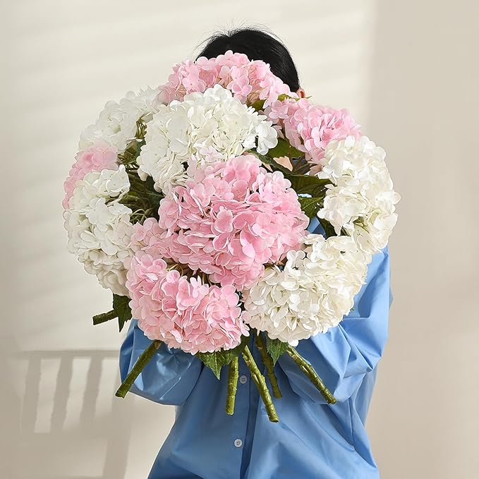 MARTINE MALL 3Pcs 21in Hydrangea Artificial Flowers, Latex Real Touch Hydrangeas Lifelike Large Hydrangea Flowers for Home Decor Party Arrangements Wedding Bouquets Centerpieces (Light Pink)