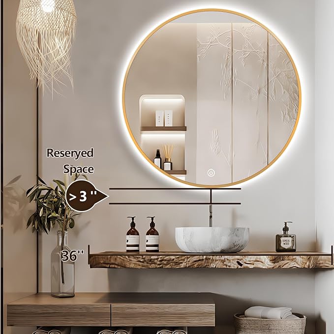 36" Round LED Bathroom Mirror, Wall Mounted Round Backlit Mirror LED Bathroom Vanity Mirror with Lights Fog Free Circle Lighted Mirror with Gold Frame, Smart Light up Mirror 3-Color