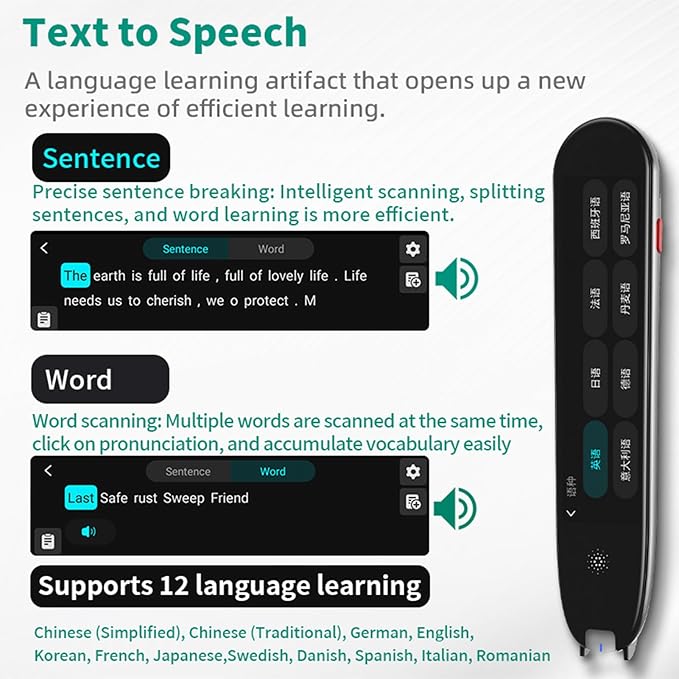 Translation Pen, Reading Pen for Student & Adults, Assistive Tool for Dyslexia & Scan Reader Pen OCR Digital Pen Reader, Reading Support & Language Learners, Translator Pen for 134+ Languages