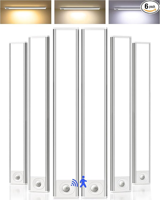 16inch Under Cabinet Lighting, 6Pack Rechargeable Motion Sensor Light Indoor, Magnetic Closet Lights with Dimmable & 3 Color Temps, Wireless Under Counter Lights for Kitchen, Stairs