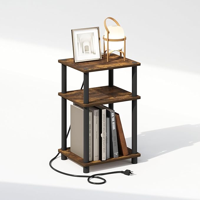 Furinno JUST Night Stand, 3-Tier Turn-N-Tube Nightstand with Charging Station, Bedside Table, End Table, Side Table with USB and Type-C Charging Port, for Bedroom, Living Room, Amber Pine