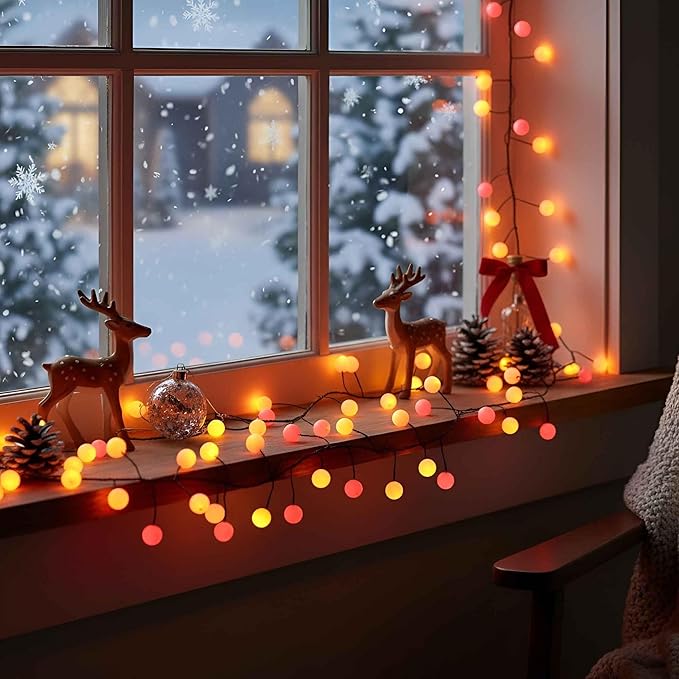 QBIS 120 LED Christmas Cluster Fairy Lights – Red, Orange, Yellow Indoor Decorative String Lights, Plug-in Fall Decor for Indoor or Outdoor use.