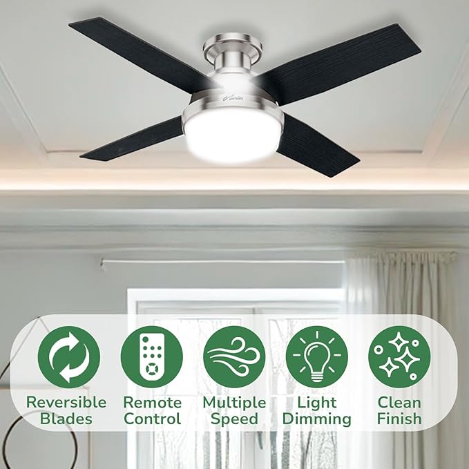 Hunter 44 inch Indoor Ceiling Fan with LED Light and Remote Control - Modern Ceiling Fan, Low Profile Mount, 4 Black Oak Blades, For Bedroom, Living Room, or Kitchen - Dempsey 59243, Brushed Nickel