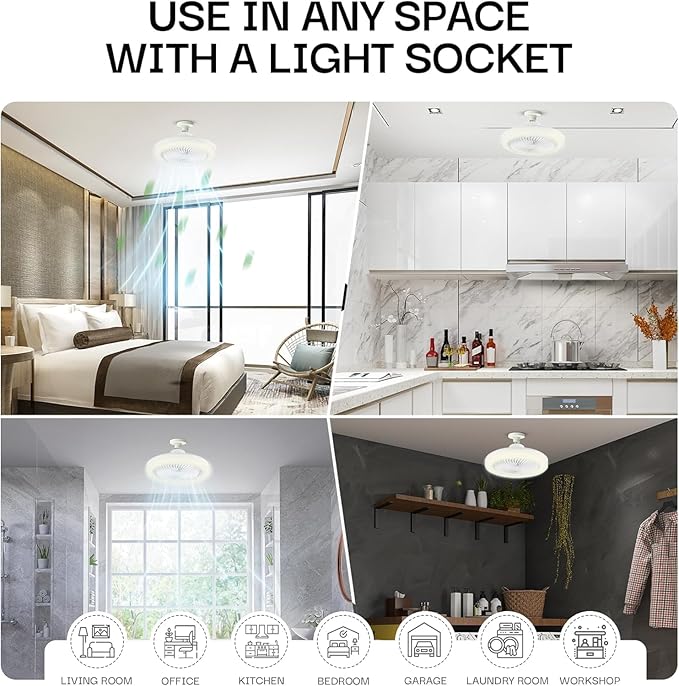 Bell+Howell SocketAir Wireless Ceiling Fan Light with Remote Control, Extender,110-120 Volt, 2100 Lumens, 3 Fan Speeds, 3 Light Settings, 6500K for Living, Dining, Working Space ASON TV