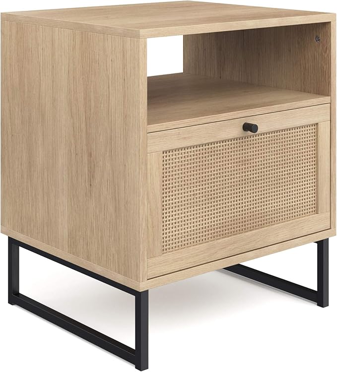 Nathan James Mina Rattan Wood End Side Accent Table Nightstand with Storage for Living Room or Bedroom, 1, Oak/Black