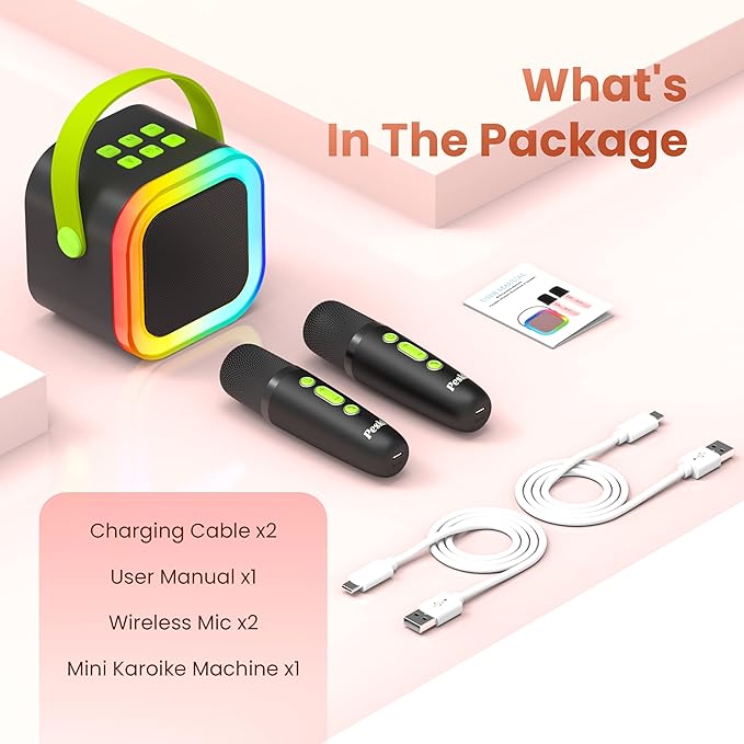 Mini Karaoke Machine for Kids Adults, Portable Bluetooth Mini Karaoke Microphone Singing Speaker Karaoke Player with 2 Wireless Mic, for All Smartphones,Birthday, Family,Home Party (Black Green)