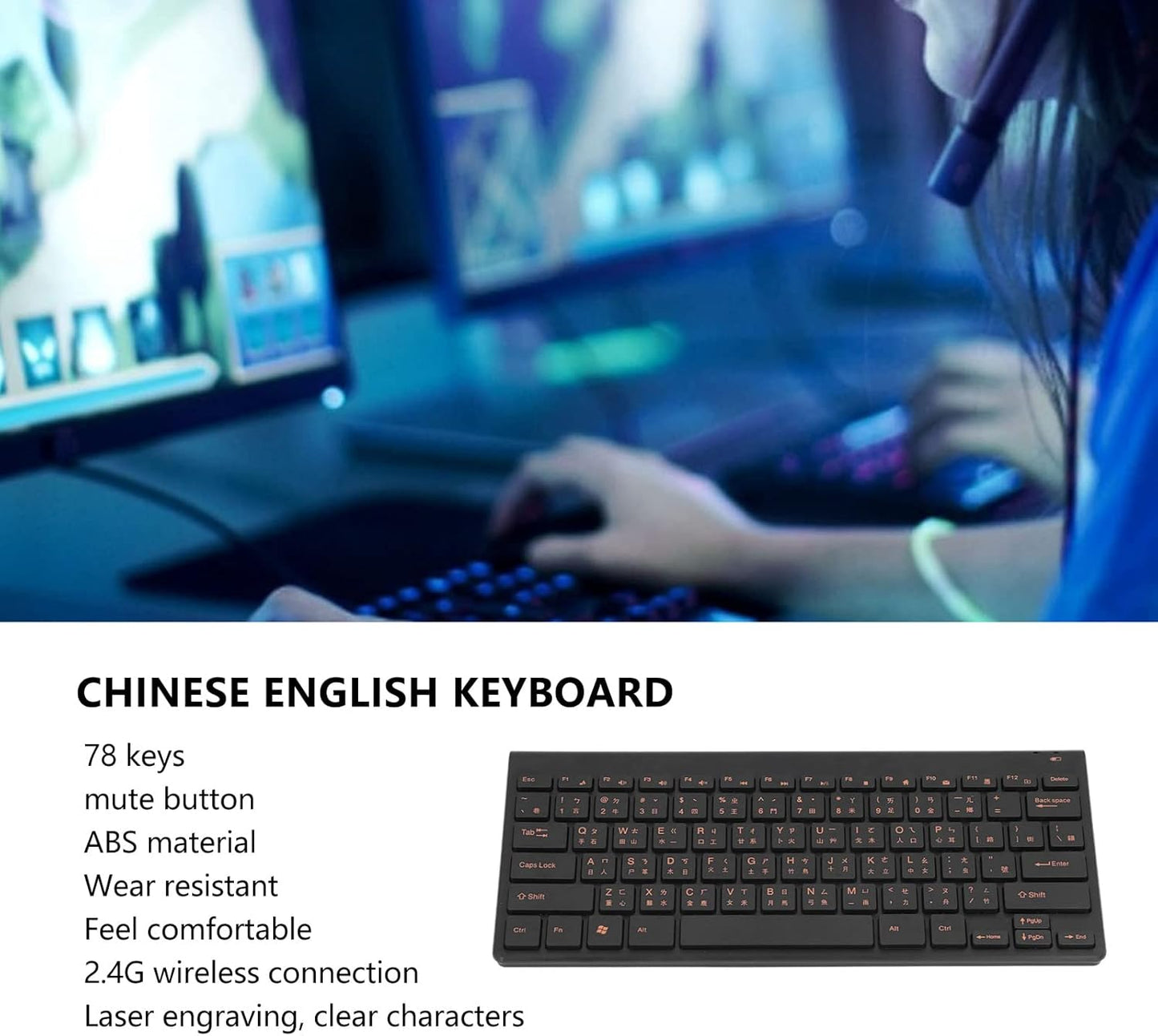 Zyyini Chinese English Keyboard, 78 Keys 2.4G Traditional Cangjie Character Keyboard, Thin Lightweight Silent Combos