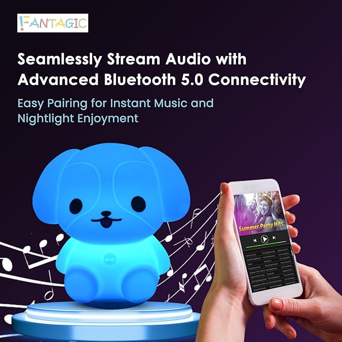Combined Bluetooth Speaker & Nightlight With 9 Color Emissions, Child Friendly Silicone & BPA Free, USB Recharging, Receives Audio From Computer, Phone Or Tablet, and includes Remote Control (Dog)