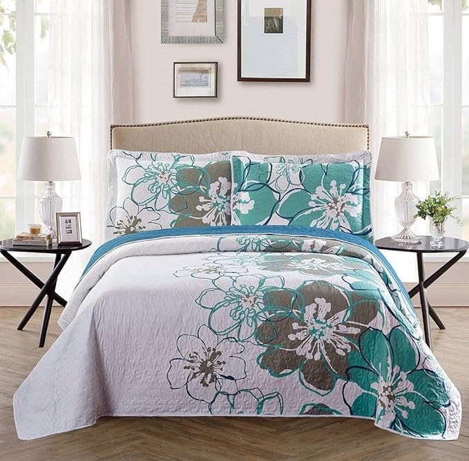 Fancy Collection 3 Pc Bedspread Bed Cover Oversize New (Full/Queen,White Grey Green Floral)