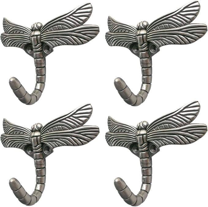 Dragonfly Hooks Wall Mounted Cloak Rack, Animal Heavy Duty Vintage Decorative Hooks, Indoor Outdoor Universal Cloak Rack Hooks for Coat Towel Robe Clothes Hats Bags Keys, Pack of 4