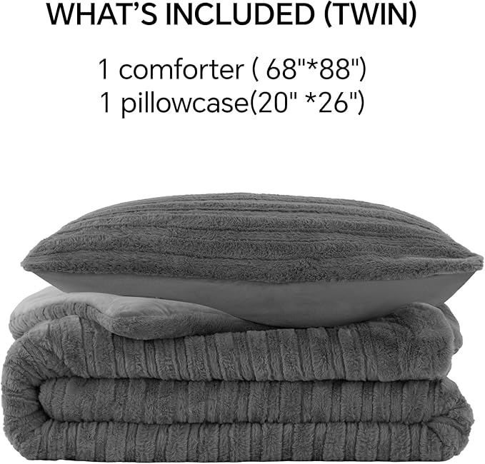 BEDELITE Fleece Twin Comforter Set -Super Soft & Warm Fluffy Grey Faux Fur Bedding, Luxury Fuzzy Heavy Bed Set for Winter with 1 Pillow case