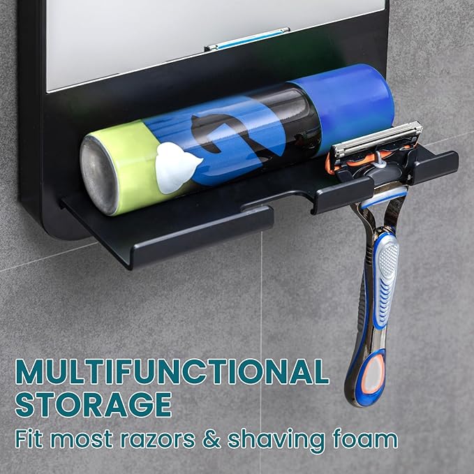 TAILI Shower Mirror Fogless Suction, Shaving Mirror with Razor Holder, Fog Free with Storage Tray, Rust-Proof, Shatterproof, Removable, Bathroom & Shower Accessories, Black