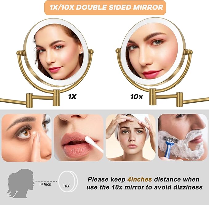 Hardwired Bathroom Makeup Mirror Wall Mount Gold, Double Sided 1/10X Magnifying Make up Mirror with Lights 3 Color & Adjustable Brightness, 360 Swing Arm Shaving Mirror, Brushed Moderne Brass