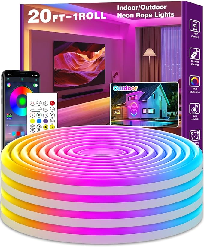 SINLEY Led Neon Rope Lights,Control with App/Remote,Flexible Led Rope Lights,Multiple Modes,IP68 Outdoor RGB Neon Lights Waterproof,Music (20FT)
