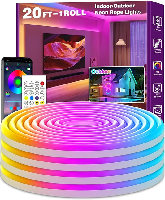 SINLEY Led Neon Rope Lights,Control with App/Remote,Flexible Led Rope Lights,Multiple Modes,IP68 Outdoor RGB Neon Lights Waterproof,Music (20FT)