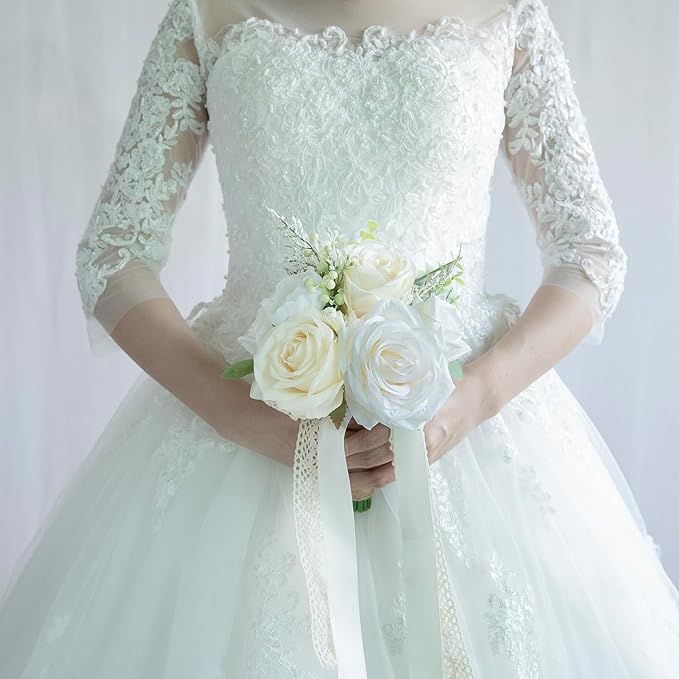 Wedding Bouquets for Bride Bridesmaid, Artificial White Champagne Bride Flower Bouquet for Wedding Church Decoration Ceremony, Anniversary, White Roses Flowers