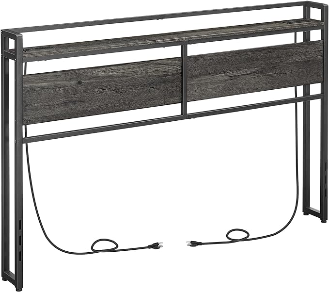 HOOBRO Headboard Queen Size, Headboard with 2 Outlets and 4 USB Ports, Adjustable Height, Storage Rack, Sturdy and Stable, Easy Assembly, Charcoal Gray and Black