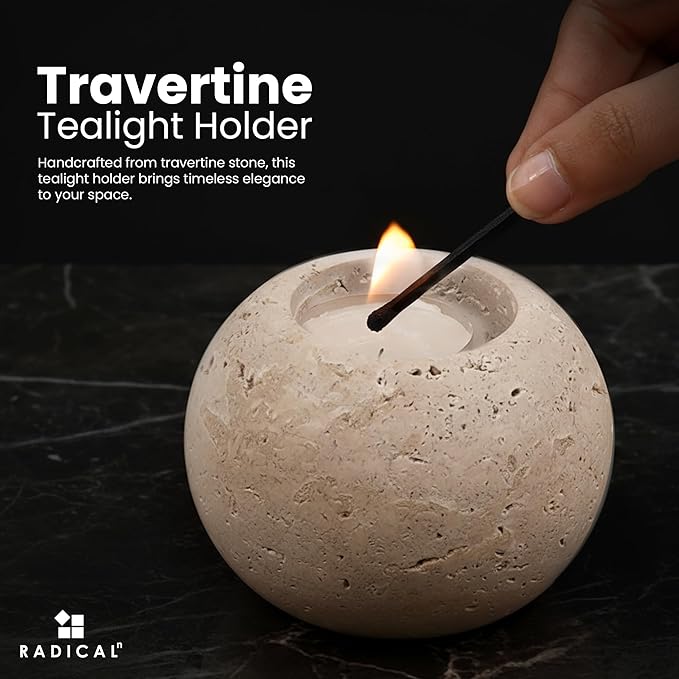 Radicaln Marble Tealight Candle Holder 4" Inch Travertine Handmade Decorative Votive Candle Holder for Wedding Centerpieces, Elegant Set of 3 Mini Candle Holders for Living Room