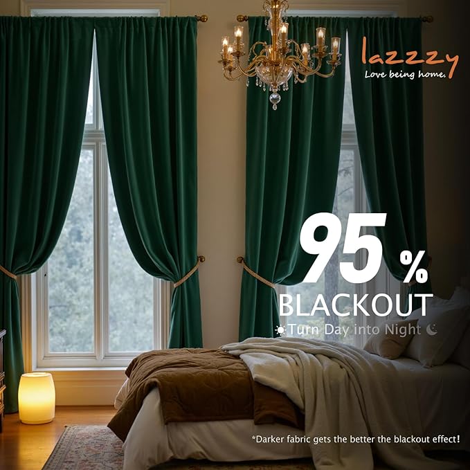 Lazzzy Velvet Blackout Curtains Thermal Insulated Room Window Drapes Super Soft Luxury Curtains for Living Room Bedroom Rod Pocket 2 Panels, Emerald Green, 42" W x 96" L