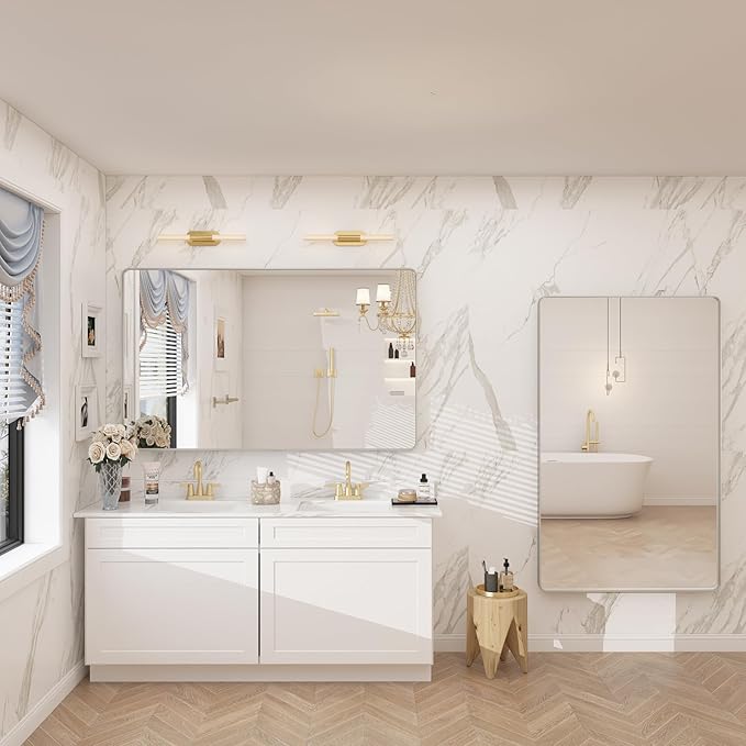 48x32 Silver Bathroom Mirror for Wall, Brushed Metal Framed Bathroom Vanity Mirror, Modern Rectangle Mirror, Rounded Corners, Shatterproof (Horizontal/Vertical)
