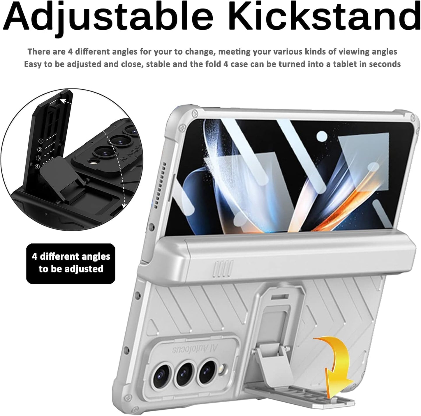 Miimall Samsung Galaxy Z Fold 4 5G Case with Built-in Tempered Glass Protector, Magnetic Hinge, Kickstand, Silver