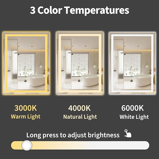 Koonmi 32x24 LED Bathroom Mirror, Backlit + Front Lit, LED Bathroom Mirror with Lights for Wall, 3 Colors, Anti-Fog, Dimmable Brightness, Memory Function, Tempered Glass