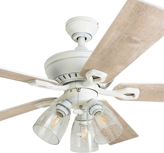 Prominence Home Glenmont, 52 Inch Farmhouse LED Ceiling Fan with Light, Pull Chain, Three Mounting Options, Dual Finish Blades, Reversible Motor - 50389-01 (Distressed White)