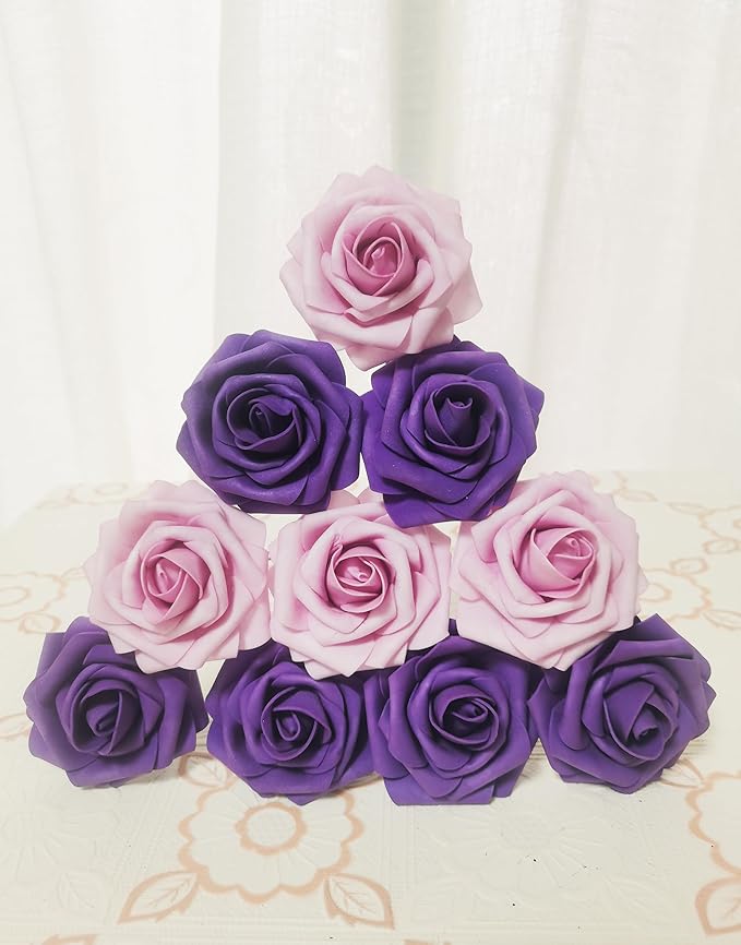 Purple Artificial Roses 50 PCS Flowers with Stem, Fake Rose Heads Bouquets for DIY Wedding Decorations Centerpieces Arrangements Party Home Garden Porch Window Decor