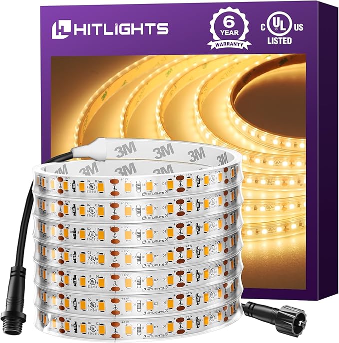 Outdoor LED Strip Lights Waterproof 2700K, 16.4ft IP67 High Density LED Tape Light Warm White, 600 LEDs, 252~300lm/ft, UL-Listed, 12V Dimmable Rope Lights for Balcony, Roof, Backyard, Patio, Garden