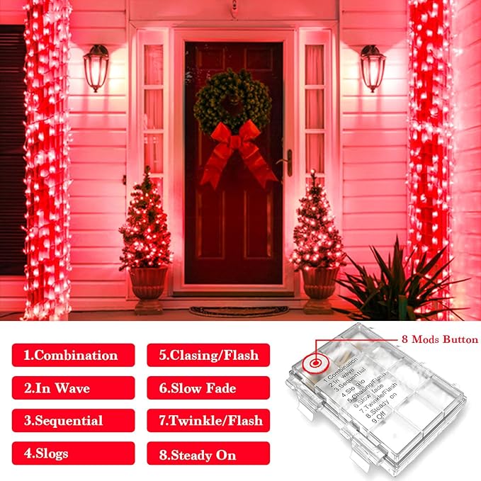JMEXSUSS 33ft 100 LED Red Battery Operated Lights with Remote, Red Christmas Lights Battery Operated, Christmas String Light Indoor Outdoor for Tree House Yard Xmas Decor