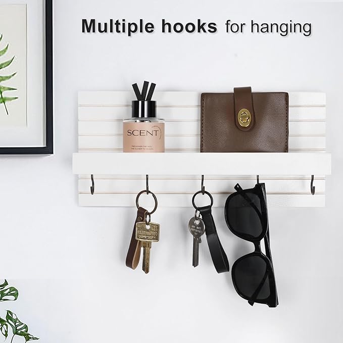 Decorative Key Holder for Wall with Shelf, Entryway Shelf with Hooks Holds Leashes, Jackets and Glasses – Sturdy Wood Keyholder Entrance Hanger with Mounting Hardware (White, Medium)