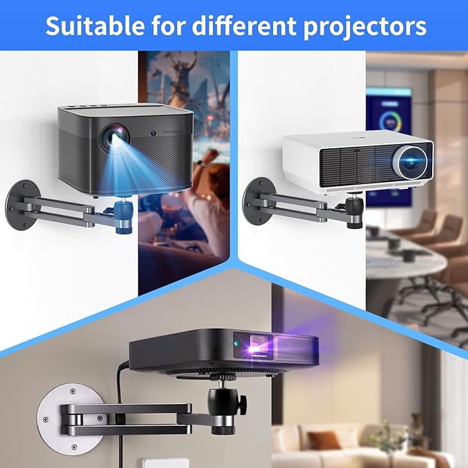 Foldable Projector Wall Mount Universal Adjustable Ceiling Wall Projector Mount Aluminum Alloy Projectors Stand,1/4" and M6 Screw Size (foldable wall mount)