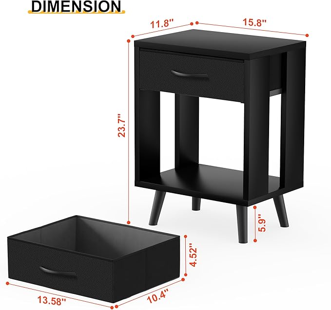 GYIIYUO Nightstands Set of 2 with Fabric Storage Drawer and Open Wood Shelf, Side Table with Storage for Bedroom, Night Stand with Drawer for Bedroom, Bedside Tables - Black 24" H