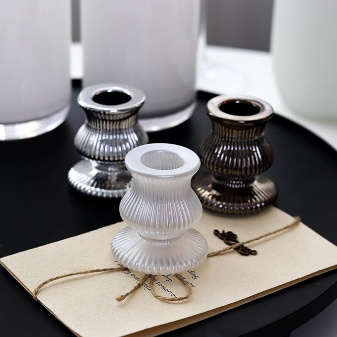 WDHODEC Black White Candlestick Holders 12PCS Glass Taper Candle Holders for Table Centerpiece Colorful Candle Sticks for Wedding, Party and Festival Decoration