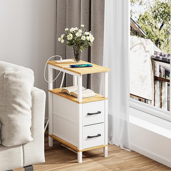 Narrow Side Table for Small Spaces, Skinny End Table with Charging Station, Sofa Beside Table with 2 Fabric Drawers and 1 Open Compartment, Slim Nightstand with USB Ports Outlet, White and Nature Wood