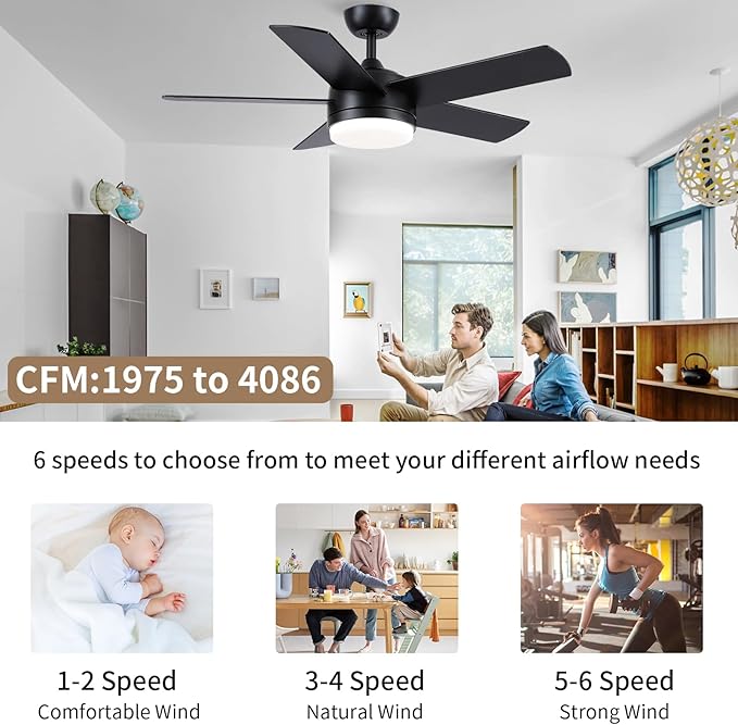 YUHAO 44 Inch Black Ceiling Fan with Light and Remote Control.Noiseless,Dimmable,3CCT,6 Speeds Reversible, DC Ceiling Fans for Indoor or Covered Outdoor