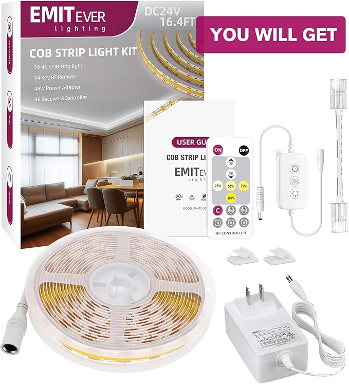 EMITEVER COB LED Strip Lights Kit Warm White with Remote & 24V Power Supply,16.4ft Dimmable Tape Light 3000K, High Density 2400LEDs, 305+LM/FT, CRI90+, Suitable for Bedroom Kitchen Cabinet Lighting