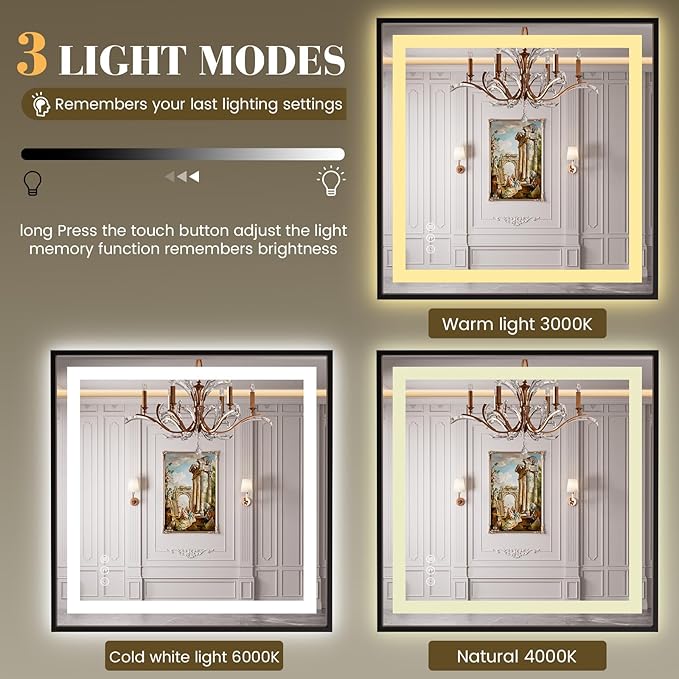 LED Bathroom Mirror,36"x36" Mirror with Black Frame, Front Light and Backlit, Stepless Dimmable, Anti-Fog, Shatter-Proof, Memory, 3 Colors, Double LED Vanity Mirror