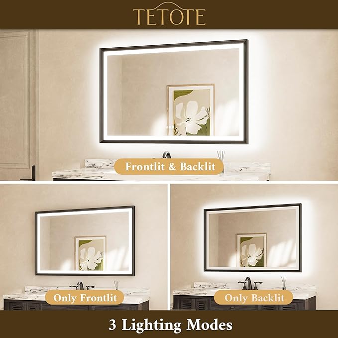 TETOTE 48x36 LED Bathroom Mirror with Lights Black Frame Frontlit & Backlit Lighted Vanity Mirror Baroque Gothic Anti Fog Dimmable White/Warm/Natural,CRI90+,Waterproof,(Horizontal/Vertical)