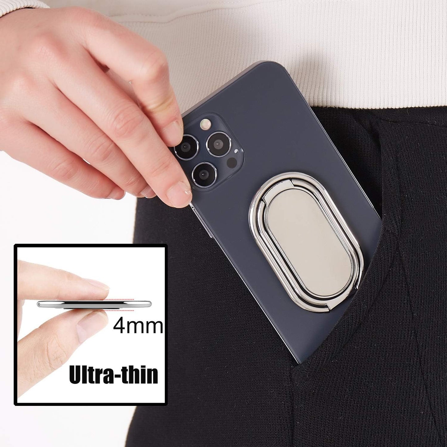 Phone Ring Holder, Foldable Finger Kickstand with 360° Rotation Metal Grip for Magnetic Car Mount Compatible with