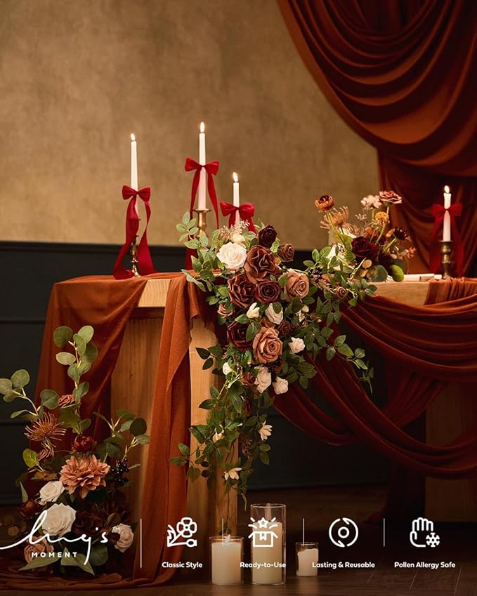 Ling's Moment 2pcs Wedding Flowers Garland Artificial Floral Swag Arch Decorations Rose Greenery Arrangements Sunset Terracotta Ceremony Reception Garden Easel Wall Entryway Outdoor (NOT Include Sign)
