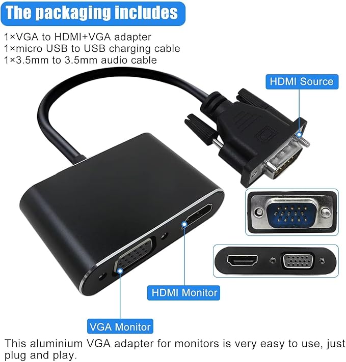 New VGA to HDMI+VGA Adapter for Dual Monitors, VGA to HDMI Adapter Splitter 2 in 1,1080P@60HZ Full HD Display Video Converter for PC Laptop Link Monitor/HDTV/Projector