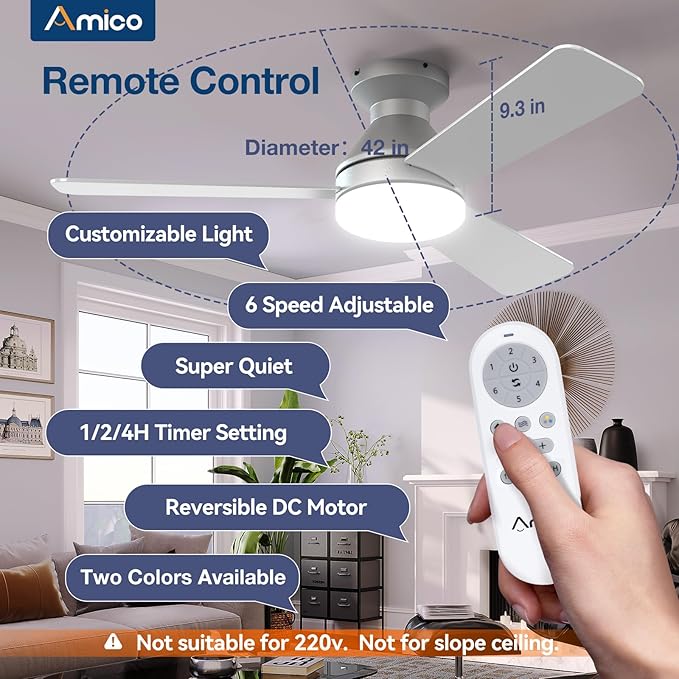 Amico Ceiling Fans with Lights, 42 inch Low Profile Ceiling Fan with Light and Remote Control, Flush Mount, Reversible, 3CCT, Dimmable, Noiseless, Silver Ceiling Fan for Bedroom, Indoor/Outdoor Use