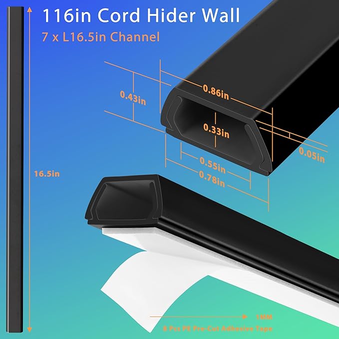 Wall Cable Hider Kit, 116in TV Wire Hider for Wall, Paintable Cord Hider Wall, Cord Organizer Hide 1-2 Cords Wall Mounted TV, Wire Cover for Wall, Cord Concealer 7XL16.5 W0.86 H0.43in, Black